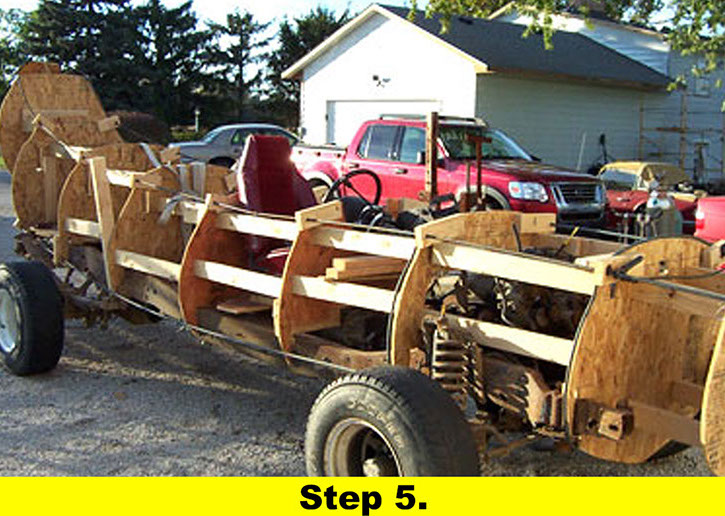 Fit the full size cutout slices to the Ford chassis and wrap rebar to all the key points to create the skeleton shape of a banana.