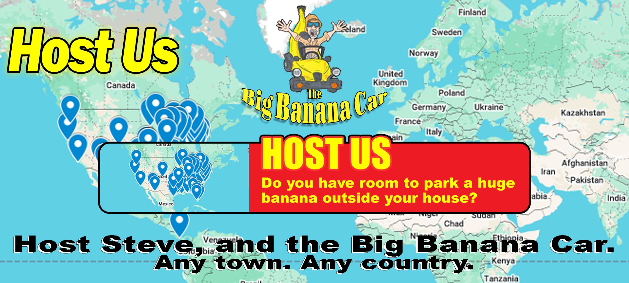 The Main Header image of BigBananaCar.com Host page picturing a map of the world with the call to action "Host Us".