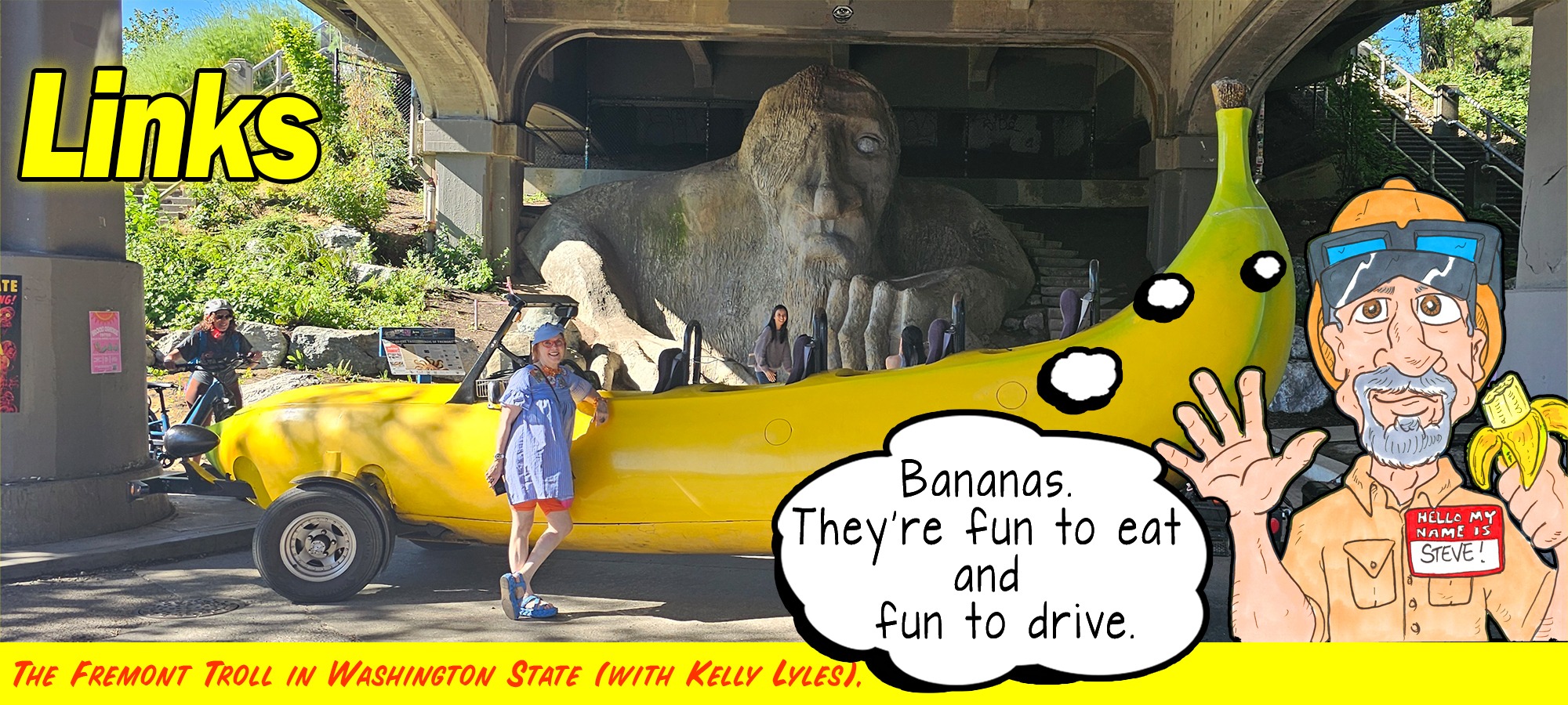 The Main Header image of BigBananaCar.com on the Links page featuring a photograph of the Fremont Trool in Washington and a cartoon version of Steve Braithwaite thinking "Bananas, they're fun to eat and fun to drive"